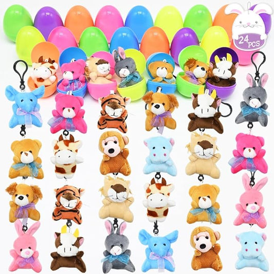 UMEELR 24 PCS Easter Eggs with Animal Plush Keychains, Empty Fillable Eggs for Easter Egg Hunt Party Favors Classroom Rewards, Gifts - Assorted Colors & Cute Animal Designs
