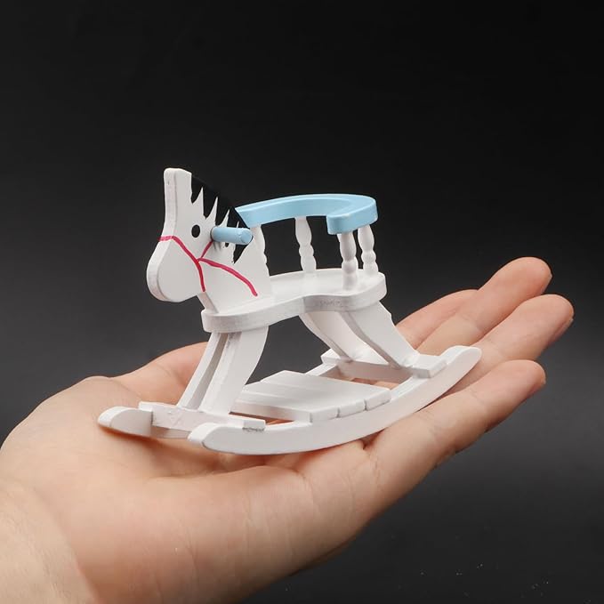 Dollhouse Miniature Rocking Horse Chair 1:12 Scale Wooden Accessories Cute Cockhorse Dollhouse Furniture Decoration Model Baby Room (Blue)
