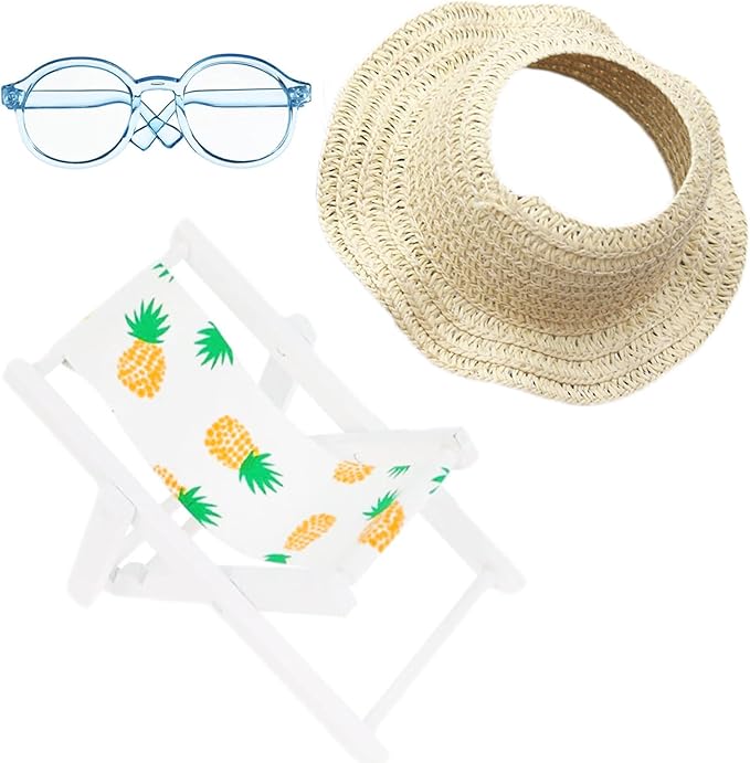 Doll Accessories Compatible with Labubu, Wooden Mini Folding Chair with Sunglasses & Straw Hat for 15cm/17cm Dolls,No Doll