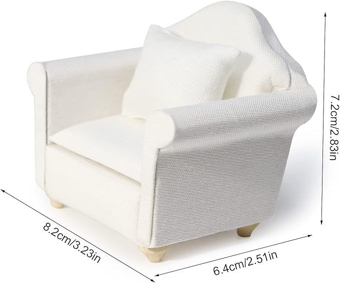 Dollhouse Couch with Pillow 1 12 Scale Miniature Sofa Arm Chair Living Room Furniture Wooden Fabric Frame Single Reading Chair Artificial House Room Scene Decoration (White)