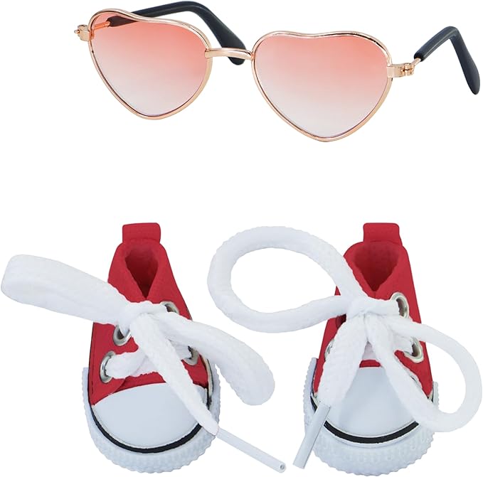 Suitable for 17cm Doll Clothing Accessories Set, Lace-up Canvas Shoes with Glasses, Clothing Accessories (Red)