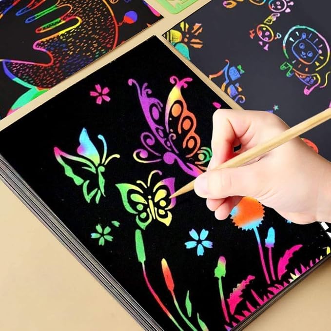 heynsgu 30Pcs Rainbow Scratch Paper Art Notebooks, Black Magic Sketch Book Pads with Stencils for Kids Crafts Artist Drawing Activity Toy Christmas Brithday Gifts Ages 3-12