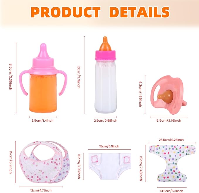 CARANOVO Baby Doll Accessories Set – 7 Pcs Feeding and Caring Set with Magic Disappearing Bottles, Pacifier, Diapers and Bibs Doll Pretend Play Gift for Kids