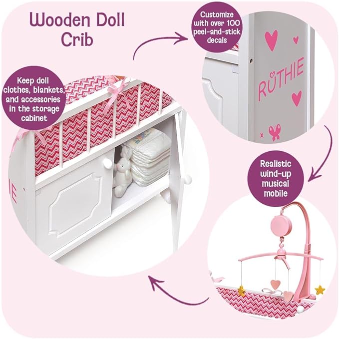 Badger Basket Wooden Toy Doll Bed with Storage, Mobile, and Bedding - Includes Wheels and Free Personalization Kit to Pretend and Play - White with Pink Chevron Fabric