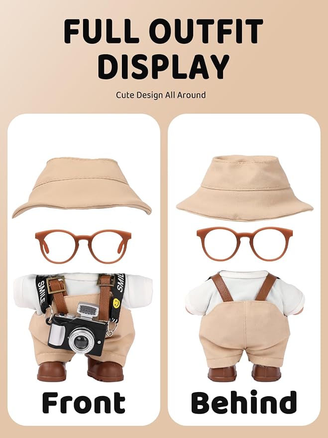 Clothes for LABUBU 17cm Doll (NO Doll), Hat & Overalls & Shirt & Shoes & Glasses & Camera Set for 17cm Accessories Suit, Cute Clothes for Dress up Unique Style (Brown)
