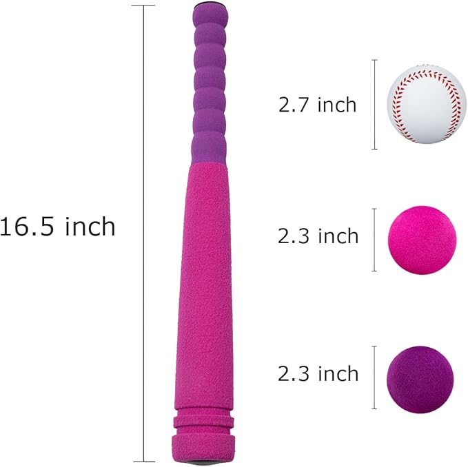 CeleMoon 16.5 Inch [Mini Size] Soft Foam Baseball Bat for Girls, Tball Softball Batting Toy Set with 6 Balls, for Kid Toddler Daughter 3 Years Old Indoor Outdoor Sport Playing Game, Pink
