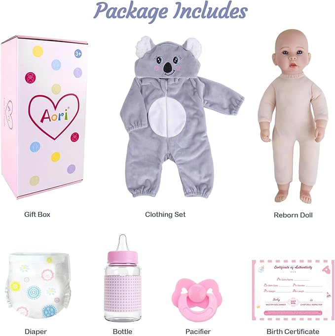 Aori 17 Inch Lifelike Baby Dolls Realistic Doll with Real Life Lightweight Soft Body & Grey Outfits, for Girls 3+ Role Play, Adoption Day, Photography Prop, Collectible