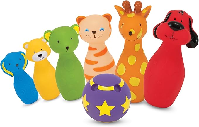 Melissa & Doug K's Kids Bowling Friends Play Set and Game with 6 Pins and Convenient Carrying Case Indoor Outdoor Bowling Set, Soft Plastic Animal Pins, for Ages 2+