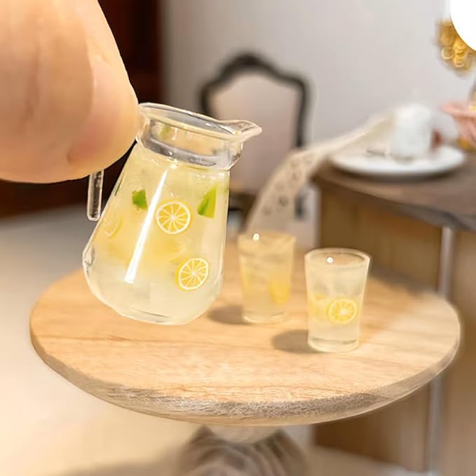 3pcs Miniature Lemonade Pitcher Set, Dollhouse Glasses Bottle Lemonade, Mini Lemon Fruit Ice Tea, for Dollhouse Miniature Kitchen, Fairy Garden, Diorama