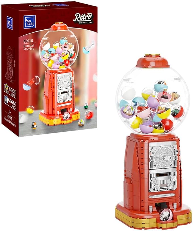 PANTASY Retro Gumball Machine Building Block Set, with 12 Micro Building Blocks and 12 Lucky Notes for Multiple Gameplay Desktop Collectible-Quality Classic Gumball Machine Assembly Blocks Kit