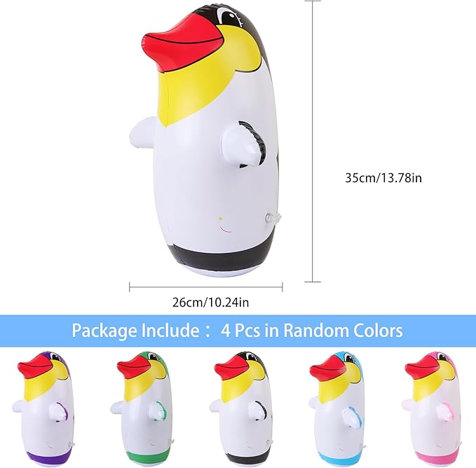 4 Pack 13.8" Inflatable Penguin Punching Bag, Random Color Already Filled Blow Up Bag Birthday Party Supplies