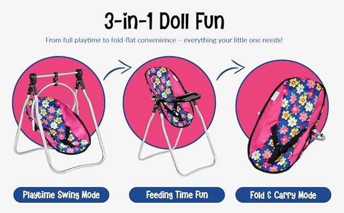 Fash N Kolor Doll Play Set 3 in 1 Doll Set, 1 Pack N Play, Doll Stroller, Doll High Chair Fits Up to 18'' Doll (Flower Swing)