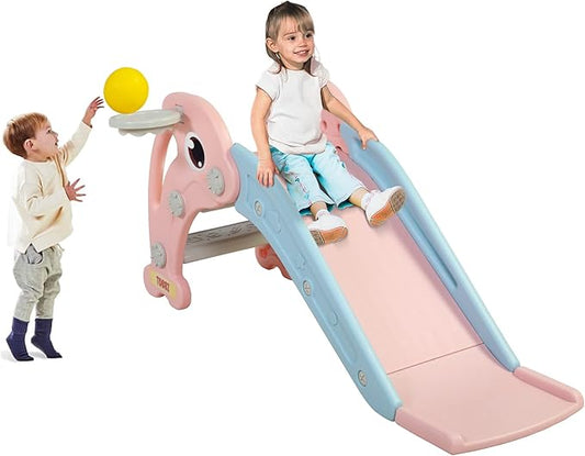 TOBBI Kids Slide for Indoor and Outdoor, Freestanding Slide for Toddler Playground Slipping Slide Climber Toy Playset with Basketball Hoop & Ball, Pink
