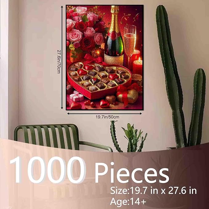 Valentine's Day Puzzle 1000 Pieces Puzzles for Adults,Chocolate Red Wine Jigsaw Puzzles for Challenging Family Activity Games DIY Puzzle for Home Wall Decor Gifts - 19.7 x 27.6 Inches