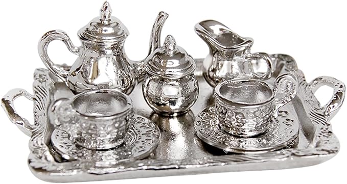 iLAND Miniature Tea Set 1/12 Scale Accessories Metal Tea Set Mini Cups Teapots Trays Plate w/Candle Holder & Table Runner fits Vintage Dollhouse Furniture Miniature Dollhouse Accessories Shining