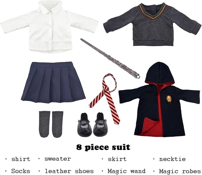 18 Inch Doll Clothes - 8 Pcs Inspired Magic School Costume Uniform Outfit, Doll Accessories with Magic Wand & Robes, Gift for Girls (No Doll)