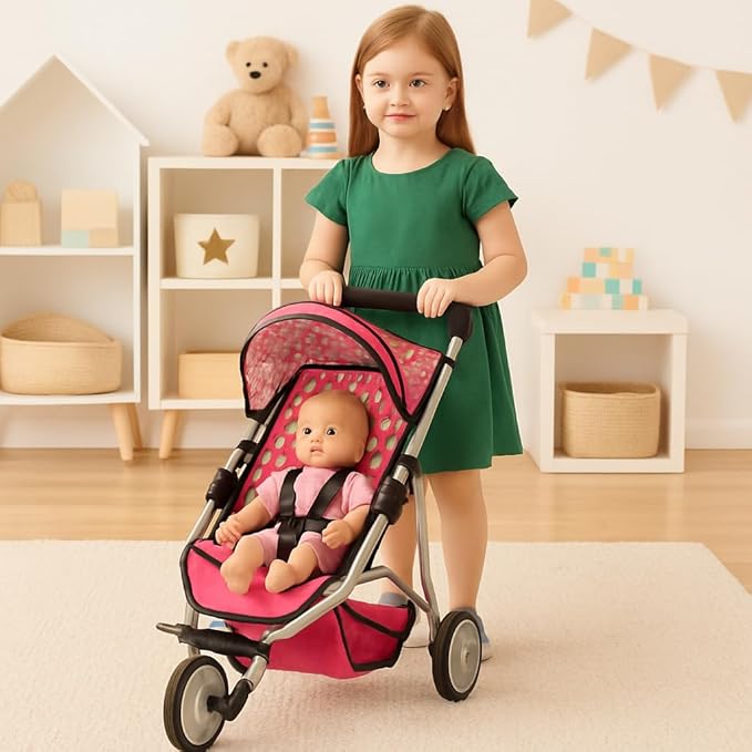 Fash N Kolor - Baby Doll Stroller with Adjustable Canopy & Toy Storage Basket - Foldable Baby Stroller for Pretend Play - Denim Pink,