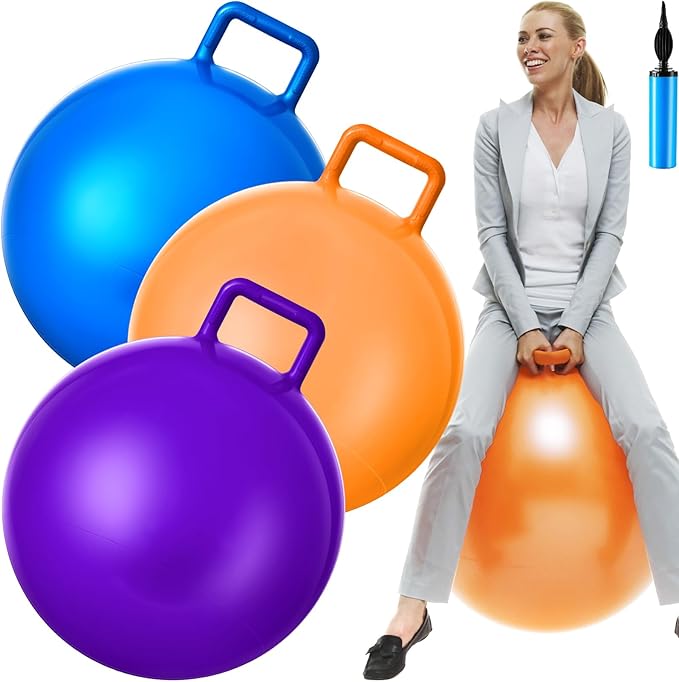 Lewtemi 3 Pcs 31 Inch Bouncing Ball with Handle, Outdoors Hopper Jumping Hopping Ball and Air Pump for Sports Exercise (Orange, Blue, Purple)