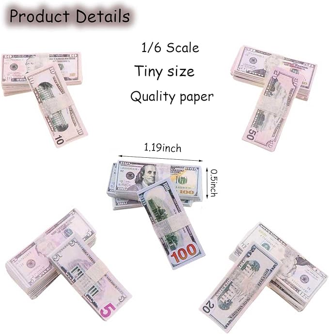 5 Styles 500 Pieces Miniature Money Mini Money Model for 1/6 Scale Doll Accessories,Miniture Dollhouse Scene,Mini Props Tiny Money Five Dollar Bills for Figure Accessories,Tiny Collectibles (Set B)