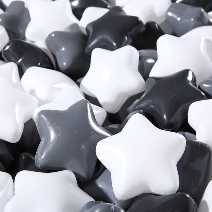 STARBOLO Baby Ball Pit Balls - 100pcs Star Balls for Ball Pit Plastic Ball Baby Play Ball Playhouse Playpen, Black/Gray/White Stars for Brithday Party Decoration.