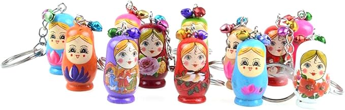 Toyvian 12PCS Nesting Dolls Key Chains Wood Matryoshka Russian Dolls Key Rings Charms