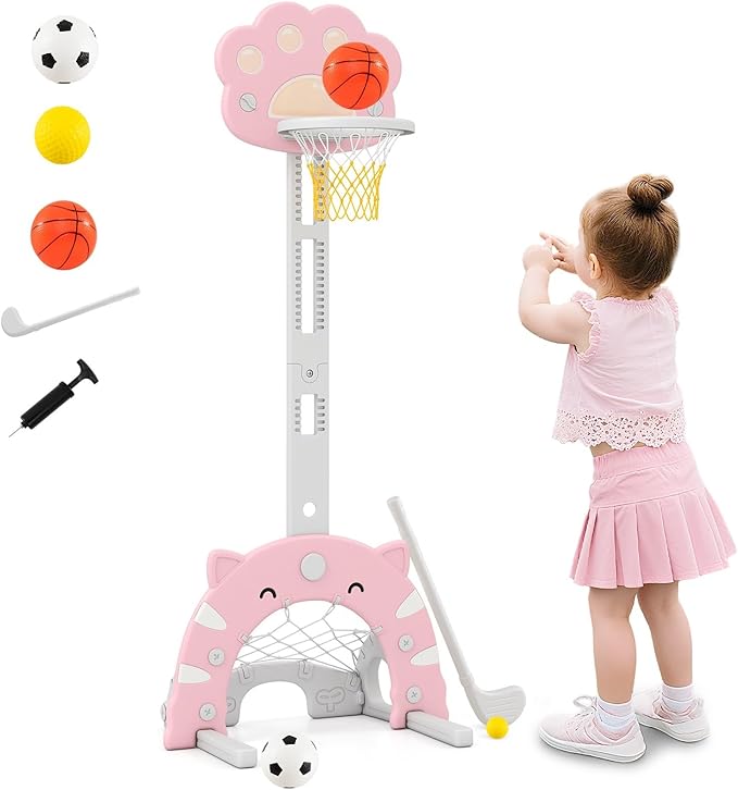 OLAKIDS Toddler Basketball Hoop, 3 in 1 Height Adjustable Kids Sports Activity Center Indoor Outdoor with Soccer Goal Golf Ball and Club, Baby Toy Game Play Set Gifts for Boys Girls