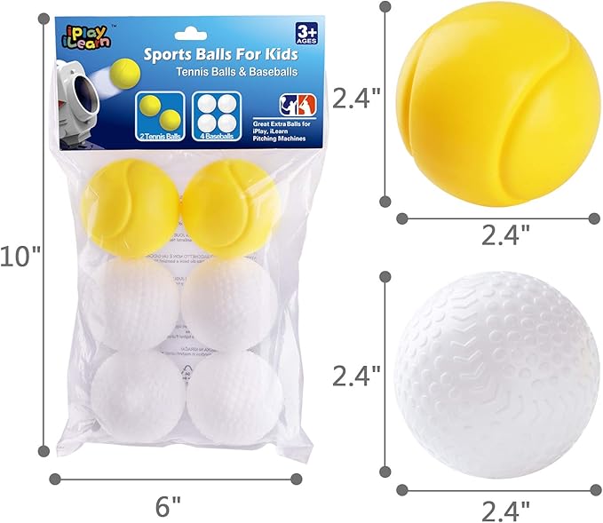 iPlay, iLearn Pitching Machine Baseball & Tennis, Plastic Replacement Balls, Sports Training Ball, 6Pcs Set, Outdoors Game Set, Active, Learning Gift Age 4, 5, 6, 7, 8 Year Olds Kids, Boys, Girls