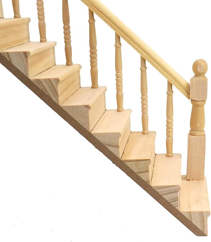 Miniature Stairs 1:12 Scale Dollhouse Furniture Wooden Handrail DIY Unpainted Staircase Dollhouse Accessories Pre-Assembled Steps Model (Right-Handrail)