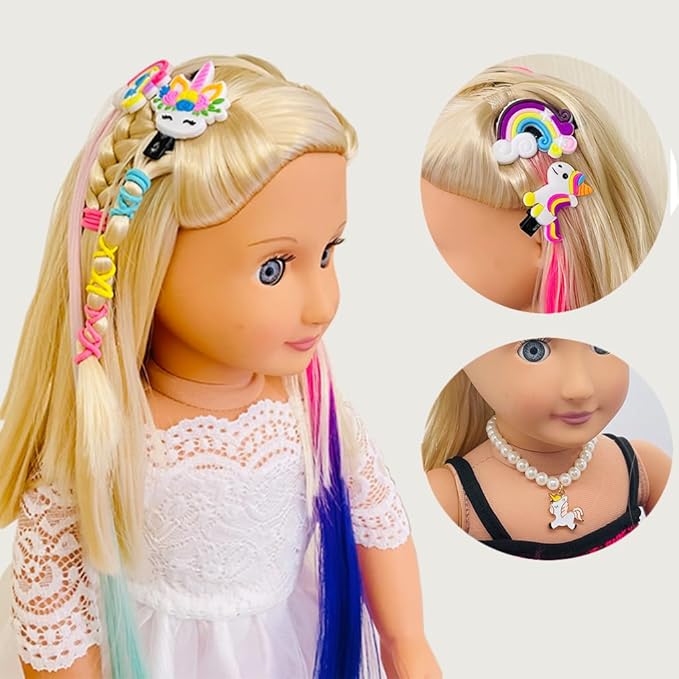 SAIBURAZ 18 inch Doll Hair Accessories for American OG Dolls Hair Brush Rainbown Unicorn Kit Accessories Girl Dolls-Shaped Head Children's Gift（No Doll）