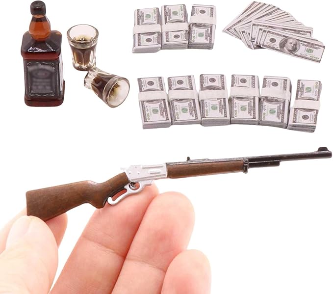 1 Set Miniature Things 1/12 Scale Dollhouse Accessories Miniature Money Mini Gun Mini Wine Bottle Model for Tiny Doll House Accessories,Action Figure Props,DIY Craft Projects.Tiny Collectibles
