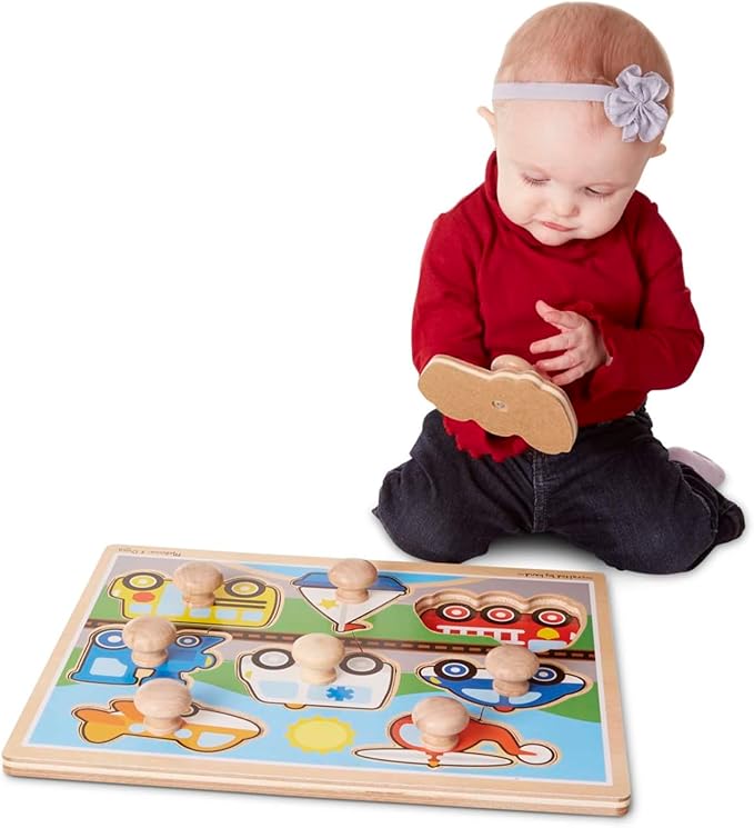 Melissa & Doug Vehicle Jumbo Knob Puzzle, Wooden Peg Puzzle for Toddlers, Educational Toy for Shape Recognition and Fine Motor Skills, Ages 1+