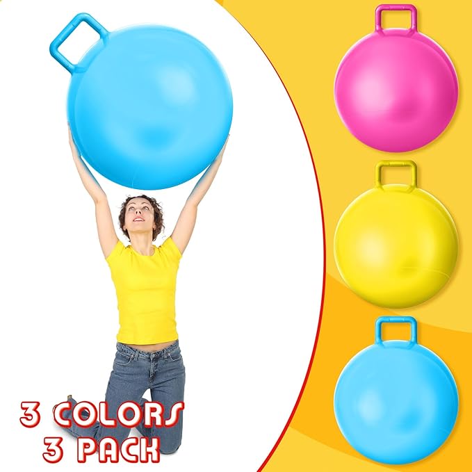 Lewtemi 3 Pcs 29 Inch Bouncing Ball with Handle, Outdoors Hopper Jumping Hopping Ball and Air Pump for Sports Exercise (Light Blue, Yellow, Pink)