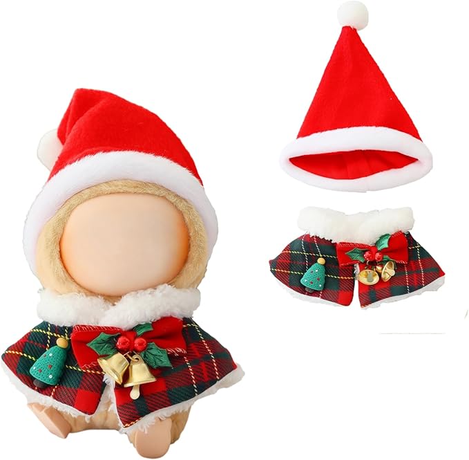 Christmas Clothes for Lu bubu 17cm Dolls(No Doll) Accessories, Stylish Kawaii Festive Christmas Bell Cloak Outfit Set 2 Pieces Suitable for 17cm Doll , Xmas Doll Clothing Set Replacement Red