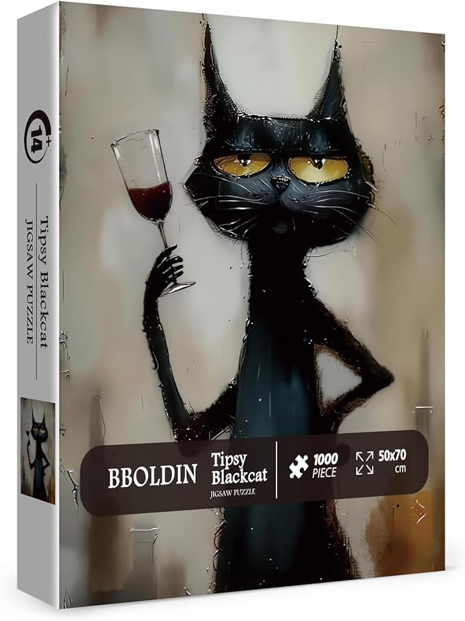 Black Cat Wine Puzzle for Adults 1000 Piece, Vintage Funny Kitten Jigsaw Puzzle Animal, Abstract Art Difficult Challenging Puzzle