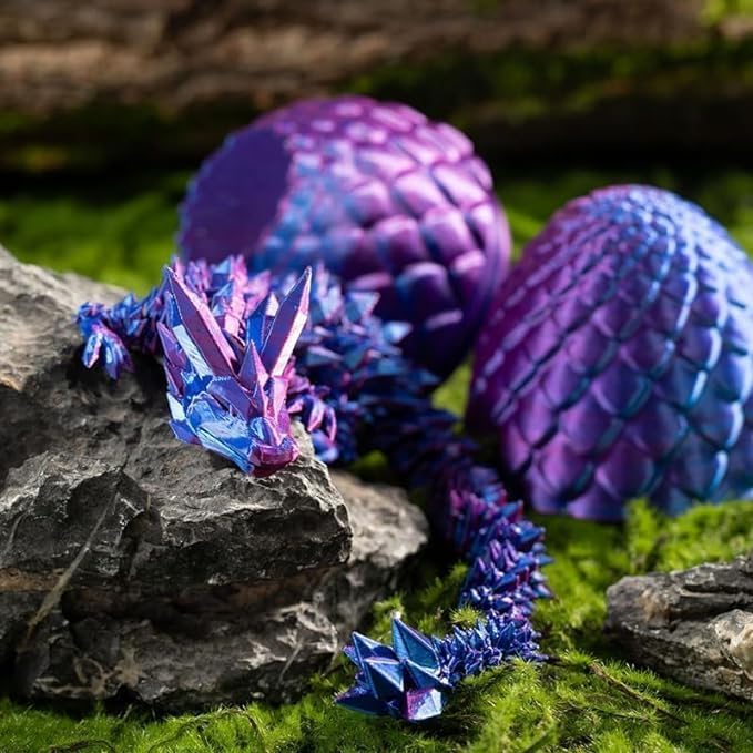 3D Printed Dragon Easter Egg,8.5in. Articulated Crystal Dragon Fidget Toy,Perfect Basket Essentials Stuffers (4sets & Bluegreen/CandyMulti/PurpleBlue/RedGold, L8.5inch Dragon&H3.5inch Egg)