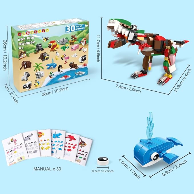 HOGOKIDS 30 Packs Party Favors for Kids - 867PCS Animal Building Blocks Sets for Easter Classroom Gifts Prizes Goodie Bag Fillers Valentines Gift Exchange for Kids Boys Girls 6+
