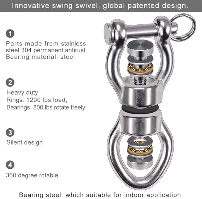 SELEWARE Silent Bearing Swing Swivel, 360° Rotational Device Hanging Accessory with Removeable Buckle for Tree Swing, Hammock Chair, Climbing Rope, Yoga, Kids Swing Swivel 1200LB Capacity, 2 Pack