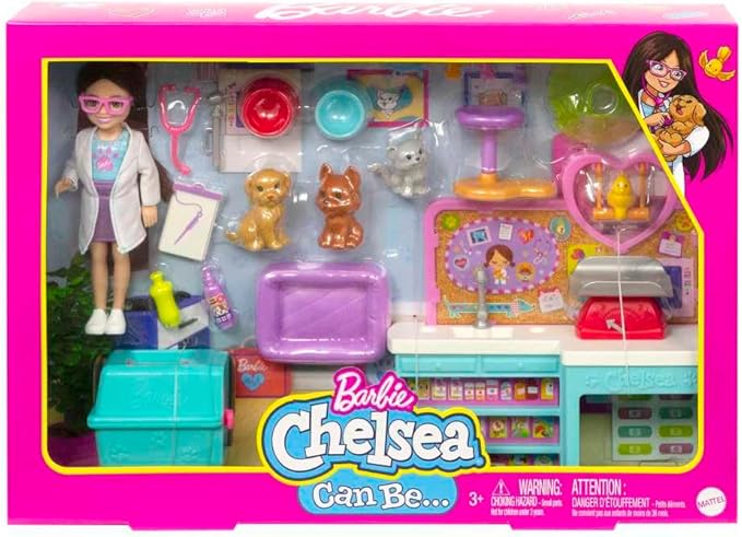 Barbie Chelsea Doll and Accessories, Pet Vet Playset with Doll, 4 Animals and 18 Pieces