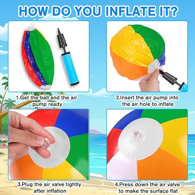 16 Pack 12" Summer Inflatable Beach Balls Bulk Rainbow Swimming Pool Water Games Toys for Kids Summer Party Supplies Decorations