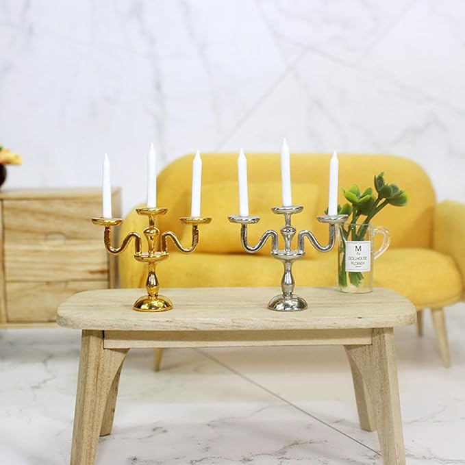 Dollhouse Candlesticks, Miniature Metal Candelabra, 1:12 Dining Candle Holder with 3 Candles, for Dollhouse Miniature Kitchen, Fairy Garden, Diorama (1PCS) (Silver)