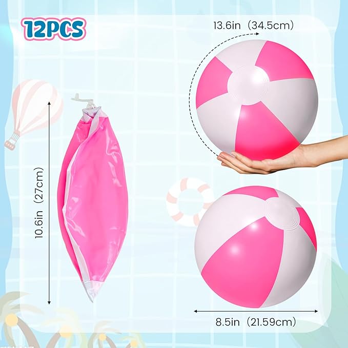 AMOR PRESENT 12PCS Beach Balls Bulk, 8.5" Pink and White Inflatable Blow Up Pool Balls, for Kids Swimming Pool Beach Party
