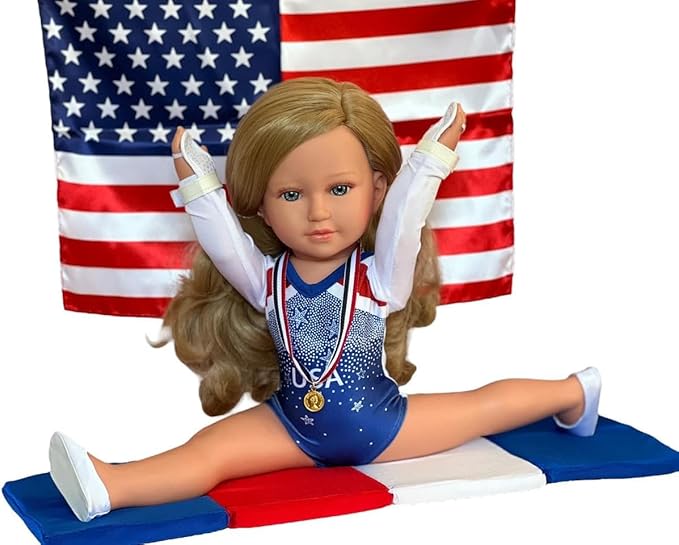 18 Inch Doll Gymnastics Outfit, American Flag, Wrist Guards, Shoes & Mat – Fits Kennedy and Friends® – USA Leotard Patriotic Doll Clothes & Accessories