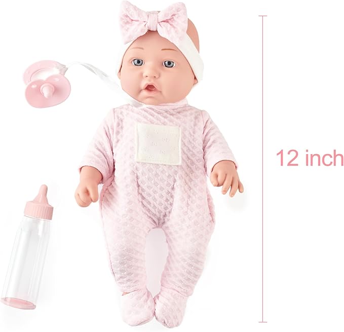 12 Inches Realistic Baby Doll Playset in Gift Box Includes Pacifier, Bottle, and Soft Blanket, Newborn Baby Doll Toy for Toddler Girls