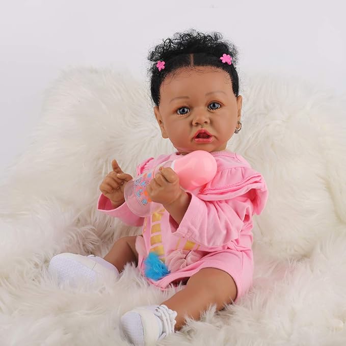 HOOMAI Reborn Baby Black Dolls African American Lifelike Silicone Doll Realistic 22.8 Inch with Cloth Body Birthday Gift Set for Ages 3+