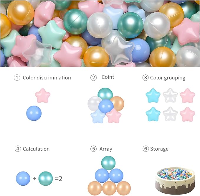 GOGOSO Ball Pit Balls for Toddlers Phthalate-Free BPA-Free Non-Toxic Crush Proof Soft Plastic Play Balls Baby Kids Shape Tent Pool Playhouse Playpen Party Decor, Pink+Green+Gold+Blue+White 100PCS