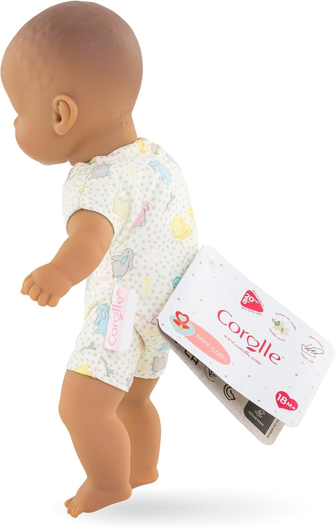 Corolle Mini Calin Bunnies Baby Doll - Small 8" Soft Body with Brown Eyes and Bunny Pattern Outfit, Vanilla-Scented, Easy to Hold - for Kids Ages 18 Months and up
