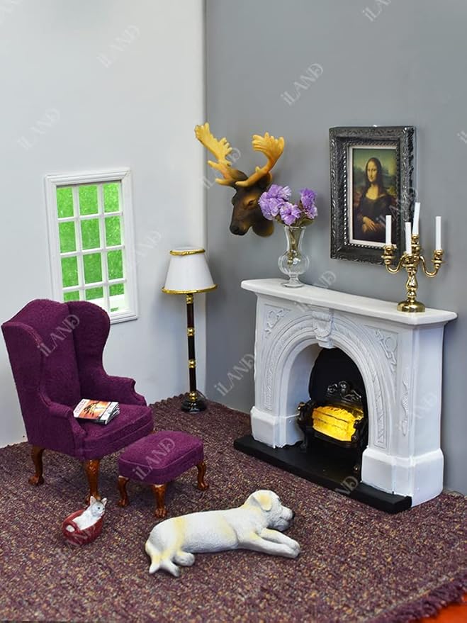 iLAND Miniature Dollhouse Accessories for Dollhouse Furniture on 1:12 Scale, Dollhouse Frames w/Printed Classic Paintings Set (4 Matte Silver Frames & Pictures)