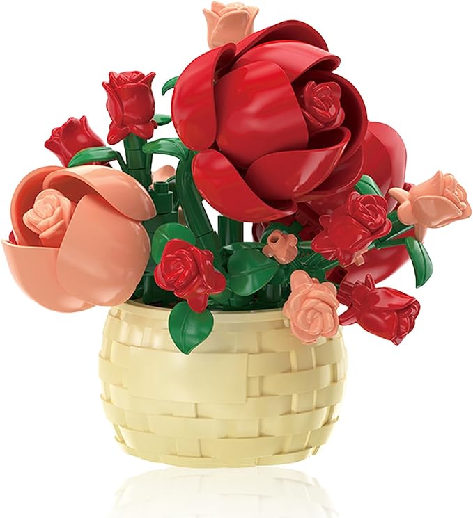 Mini Flowers Building Block Set,Flower Blocks Toys,Plants and Succulent Toys,Building Block Flowerpot，Botanical Collection Birthday Gift for Girls Boys Adults Kids Ages 6+ (Rose 128Pcs)
