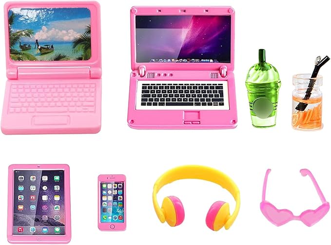 ENOCHT 9 Pack Small Size Laptop Computer Tablet Phone Pad Glasses and Headset Doll Playset Simulation Accessories for 11.5 Inch Doll (Pink)