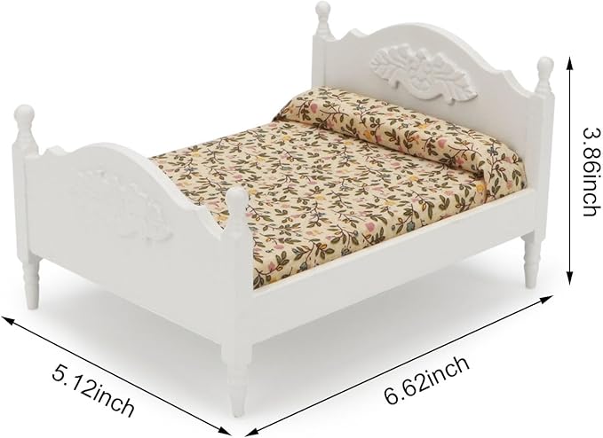 Miniature Furniture Dollhouse Wooden Fabric Bed with Mattress & Pillow 1 12 Scale Furniture Dollhouse Decoration Accessories (White)